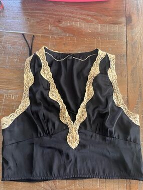 Nasty Gal Black Satin Tank with Cream Lace Trim